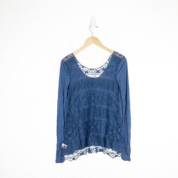 Free People Easy Breezy Jersey Lace Back Tee Smal Navy Blue Long Sleeve - Picture 12 of 13